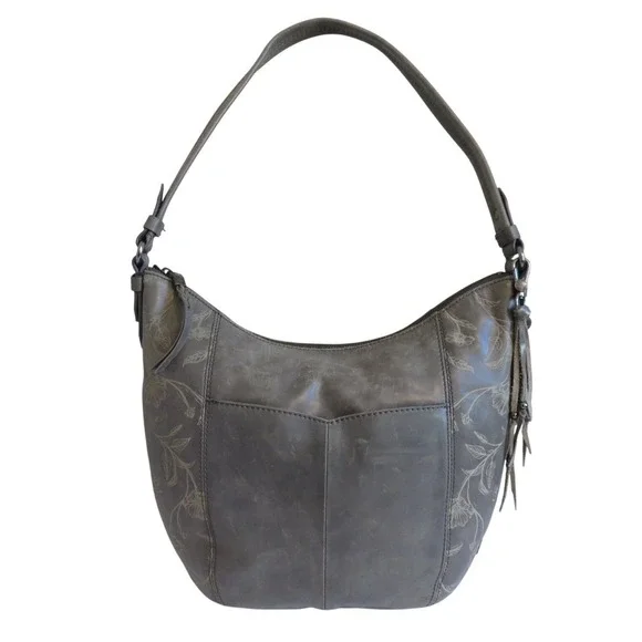 The Sak Gray Leather Handbag Floral Embossed Hobo Shoulder Bag - Picture 9 of 9